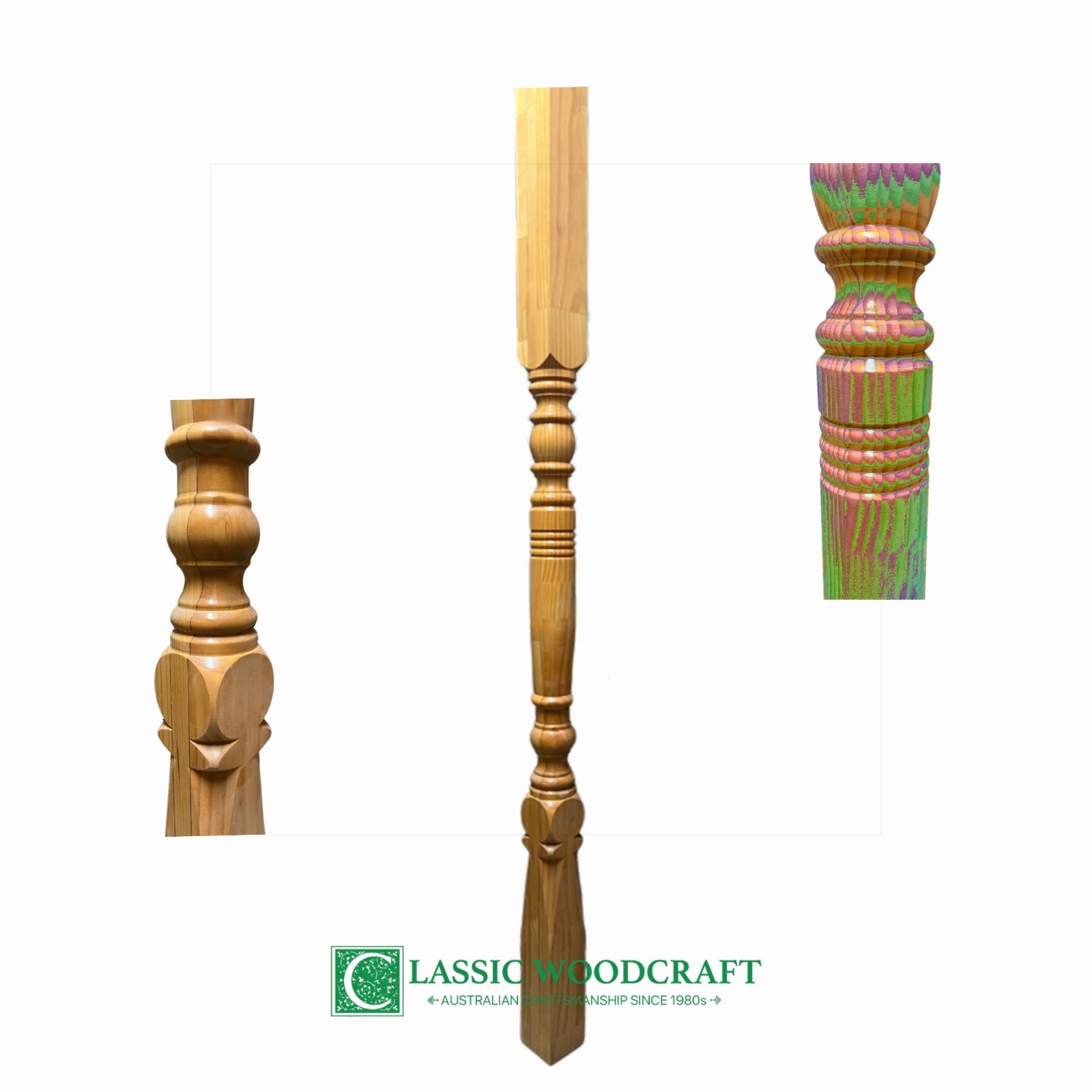 Turned timber verandah post profiles by Classic Woodcraft, shown with capital and base detail