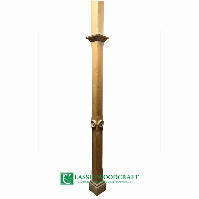 Wooden turned Verandah post on a white background with 'cLassie Woodcraft' branding.
