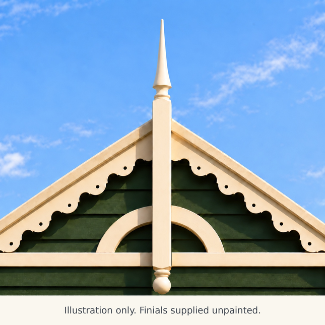 FN01 cream painted finial on a Victorian gable — illustration only; supplied unpainted.