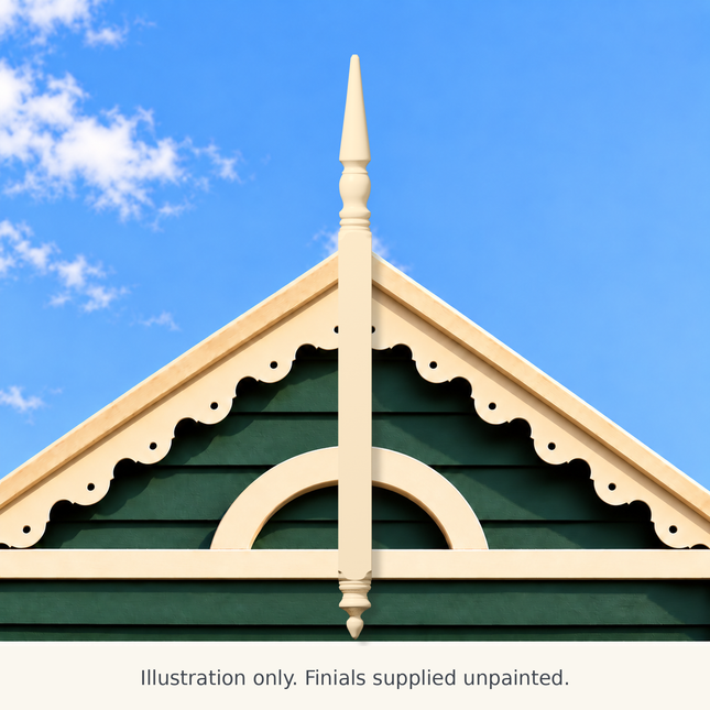 FN03 cream painted finial on a Victorian gable — illustration only; supplied unpainted.
