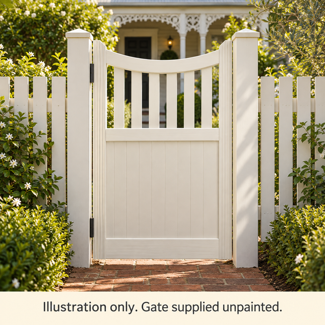 GT07 painted timber gate installation illustration. Gate supplied unpainted.