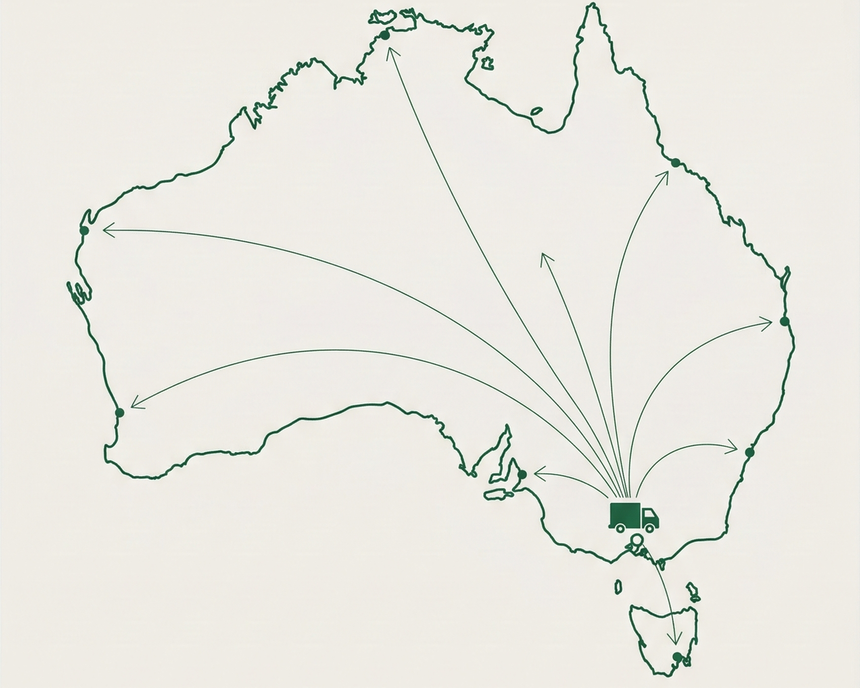 Map of Australia with lines radiating from a central point, symbolizing distribution or delivery routes.