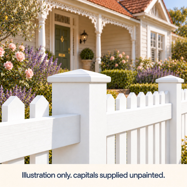 PC06 painted fence post capital installation illustration. Capitals supplied unpainted.