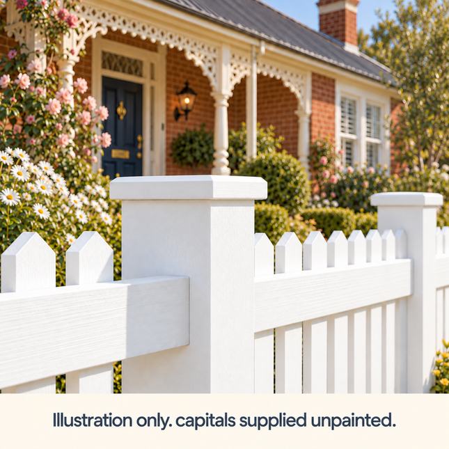 PC07 painted flat-top fence post capital installation illustration; capitals supplied unpainted.