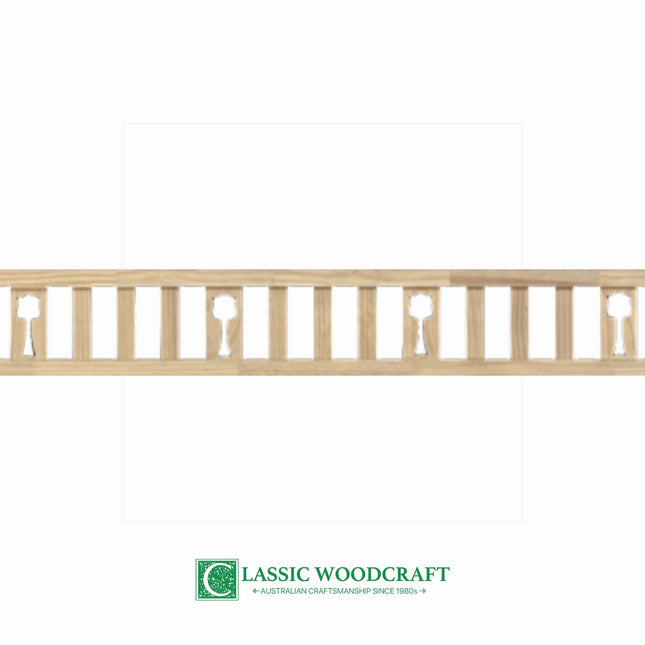 Clearance timber frieze, 250mm high, slats with MF10 tulip motif — close-up