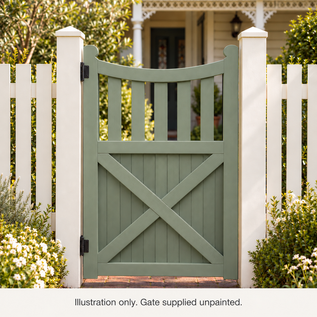 GT01 timber gate installation illustration in sage green with white fencing. Gate supplied unpainted.