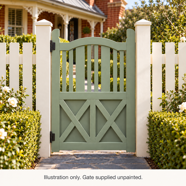 GT02 timber gate installation illustration in sage green beside white fencing and a red-brick home. Gate supplied unpainted.
