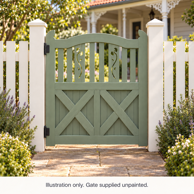 GT03 timber gate installation illustration in sage green with botanical cutouts, twin cross braces and a central upright. Gate supplied unpainted.