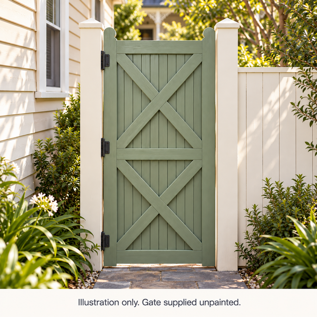 GT04 timber side gate installation illustration in sage green, with vertically stacked X braces and grooved panels. Gate supplied unpainted.