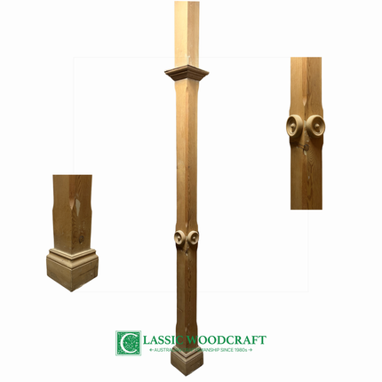 Wooden turned Verandah post  'cLassie Woodcraft' branding on a white background