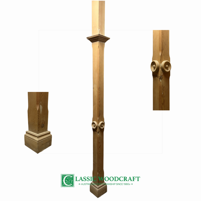 Wooden turned Verandah post  'cLassie Woodcraft' branding on a white background