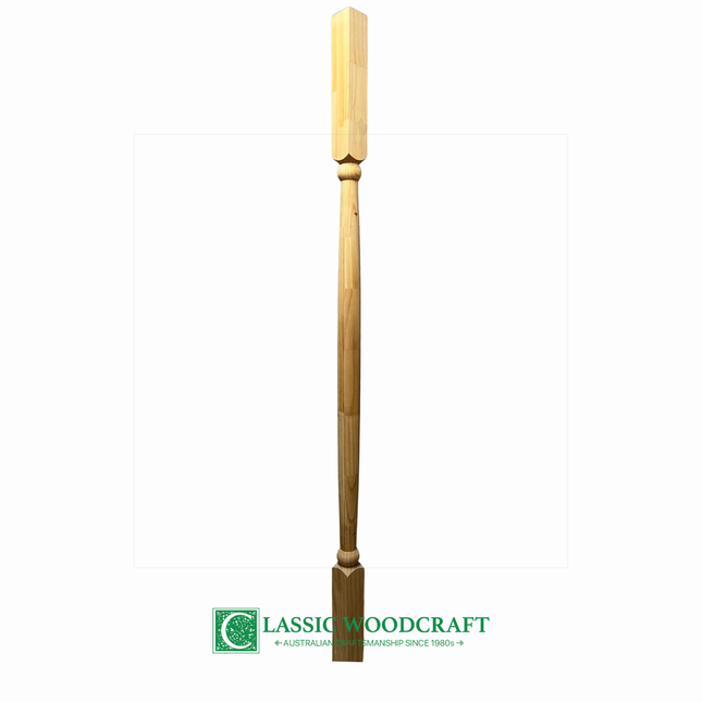 Wooden turned verandah post on a white background with 'Classic Woodcraft' logo.