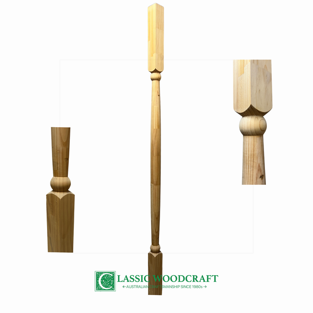 Three wooden turned verandah post of different sizes on a white background with 'Classic Woodcraft' branding.