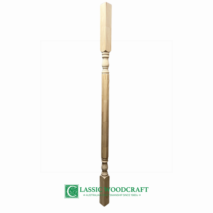 Wooden turned verandah post with Classic Woodcraft logo on a white background