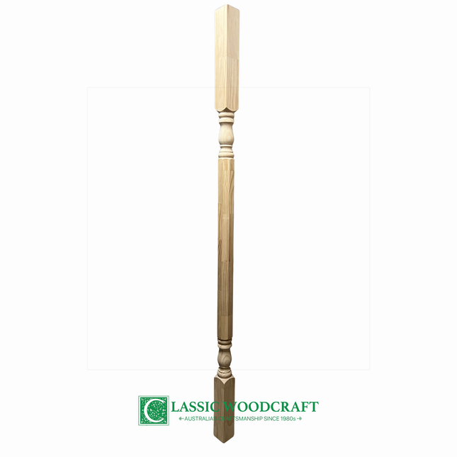 Wooden turned verandah post with Classic Woodcraft logo on a white background