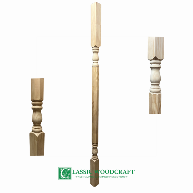 Three wooden turned verandah post of different heights on a white background with 'Classic Woodcraft' logo.