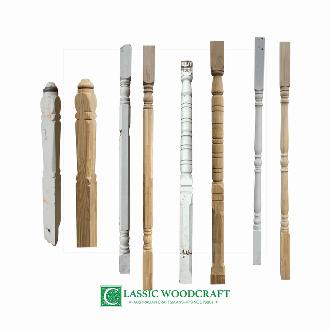 Collection of turned verandah posts in various designs and finishes on a white background with 'Classic Woodcraft' branding.