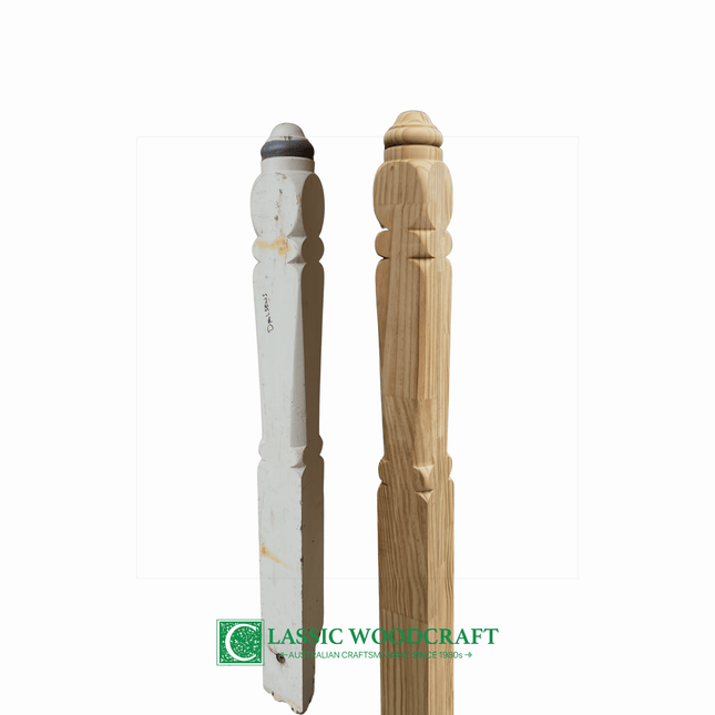 Two wooden turned verandah posts, one white and one natural wood, on a white background with 'Lastic Woodcraft' logo.