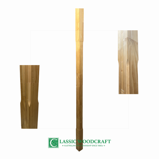 Three wooden verandah turned post of different heights with 'Classic Woodcraft' logo at the bottom.