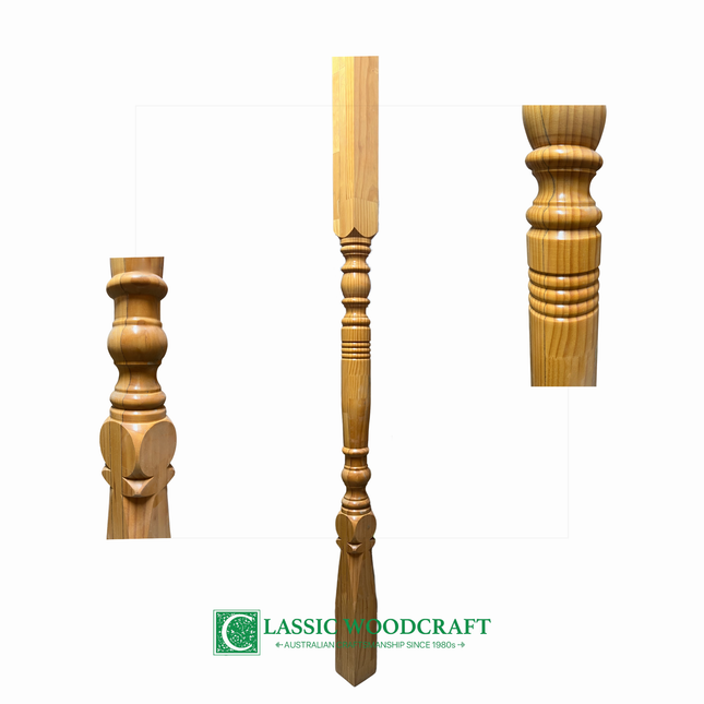 Three wooden turned verandah post with intricate designs on a white background, featuring the 'Classic Woodcraft' logo.