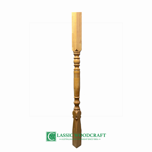 Wooden turned verandah post on a white background with 'Classic Woodcraft' logo.